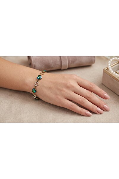 robel Golden Heart‑Link Bracelet with Green Crystal Charms and Diamond‑Style ...