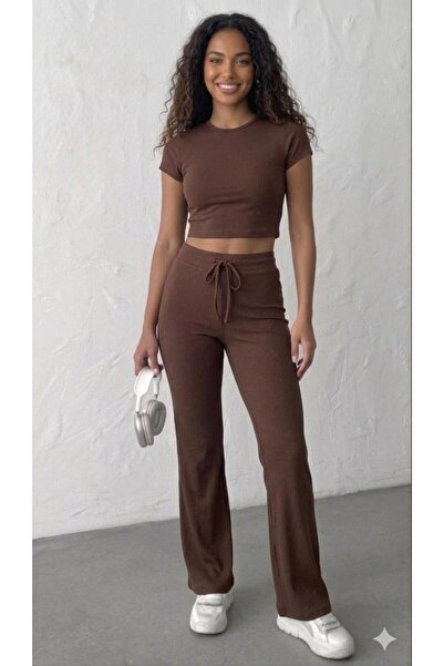 meymers Women's Maya Ribbed Fabric Crop T-Shirt High Waist Wide Leg Two-Piece...