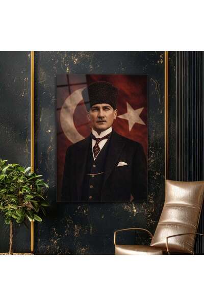 ArtStationTR Atatürk Bayrak Önünde Resmi Poz Cam Tablo