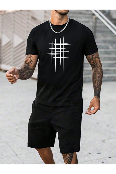 Boi Line Design T-Shirt Shorts Koboistdin Set - Black Printed Oversize Crew Neck