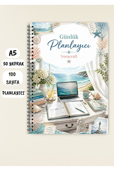 VORACRAFT Yaz Temalı A5 Günlük Planlayıcı Defteri 50 Yaprak 100 Sayfa Tel Spi...