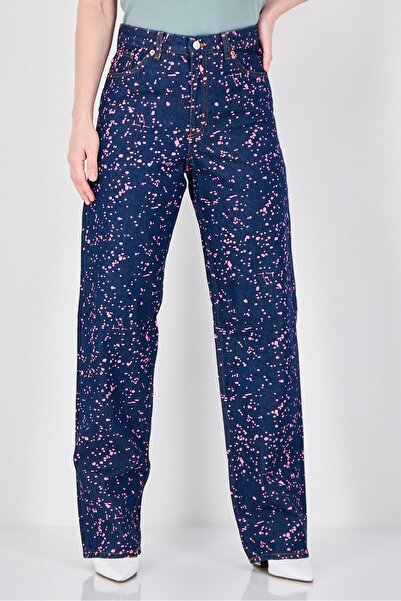 Monki Women Straight Leg Fit Splatter Paint Non Stretchable Jeans, Blue