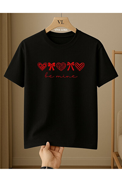 VİVA LORA Red Ribbon Hearts Printed 100% Cotton Crewneck Regular Women's Blac...