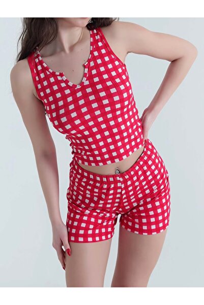 Butik Lena Kırmızı Fitilli Baskılı Kadın İkili Takım