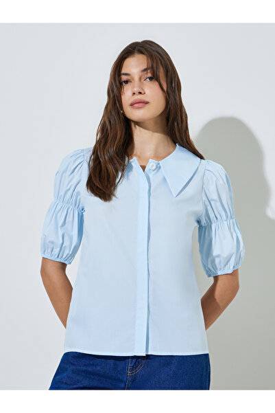 Styli Blue Puff Sleeve Button-Up Shirt