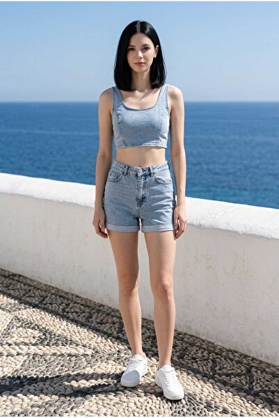 they11 40 cm Reverse Hem High Waist Lycra Straight Detailed Stretch Fabric Wo...