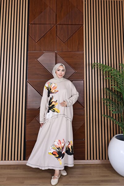 Moda Krash طقم من قطعتين بتفاصيل طباعة مودال وتنورة
