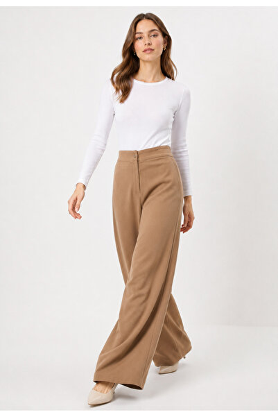 exxitcollection Elastic Waist Women's Camel Pants with Wide Legs and Non-See-...