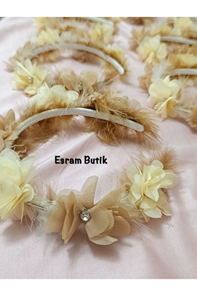 Esram Butik Vizon Krem Çiçekli Tüylü Taç, Bekarlığa Veda, Nişan, Sünnet, Kına...