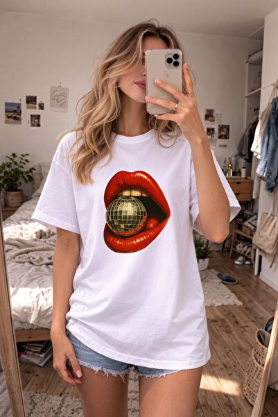 cesita Lips Pinterest Printed Cotton White T-Shirt T-Shirt