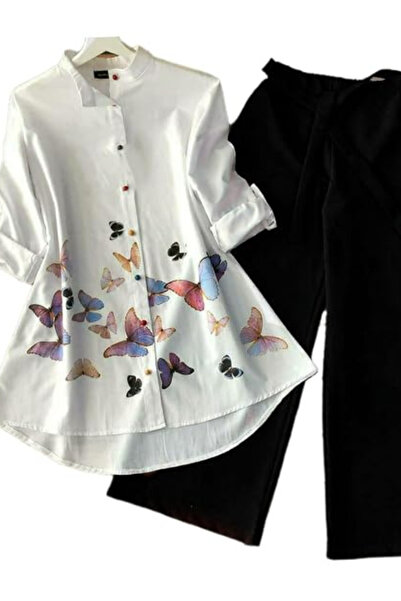 MYSMAR White Butterfly Print Tunic Palazzo Set - NJF8854 | White & Black-2XL-...