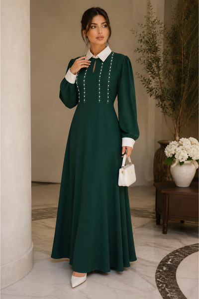 Libas lab Emerald Green Contrast Collar Georgette Maxi Dress