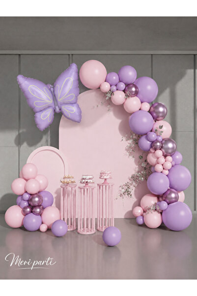 MERİ PARTİ Butterfly Themed Pink Lilac Balloon Chain Set – 50 Balloons and Pu...