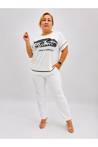 Trieste Plus Size Stoned Elastic High Waist Mom Fit Women's Trousers