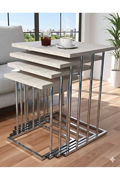 Zigon MASAL 4LÜ GÜMÜŞ METAL TRAVENTEN TABLA SEHPA ORTA SEHPA YAN SEHPA