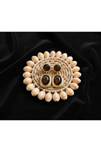 Kaplan Gözü Taş Desenli Vintage Gold Küpe