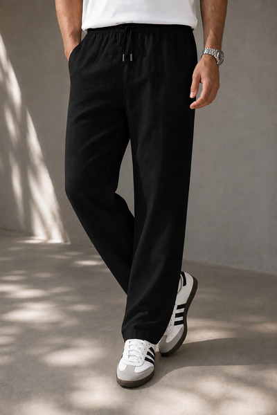 Bossago Pantaloni de in negri pentru bărbați, cu talie elastică și șnur, croială confortabilă, pantaloni casual de vară