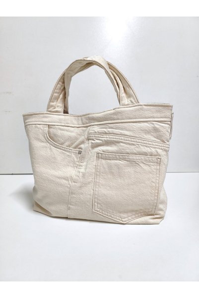 minart design Cream Denim Design Recycling Shoulder Bag with Pockets (with Crossbody Strap as a Gift)