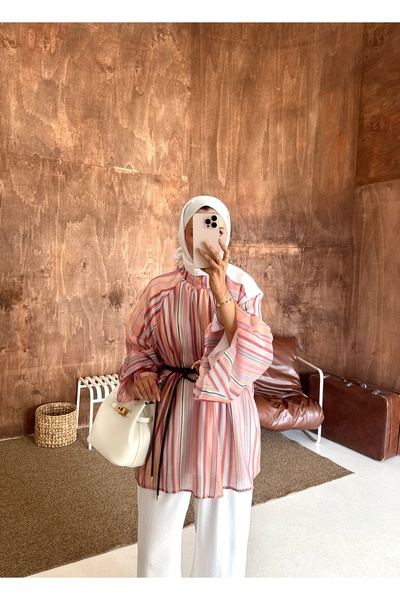 ensade Lined Pastel Striped High Collar Hijab Tunic Oversize Casual Summer Wo...