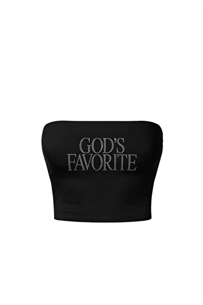 Generic Brand God's Favorite Taş Baskılı Siyah Strapless Crop