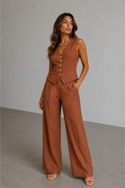 M&N Women's Linen Vest and Palazzo Trousers Set – Stylish Combination with Wi...
