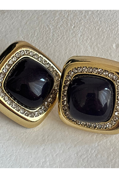 BHR AKSESUAR Gold Color Zircon Stone Black Square Earrings (2.4 cm)
