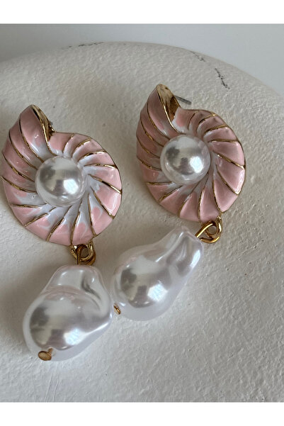 BHR AKSESUAR Pink Dangle Seashell Earrings with Pearls (5.5 cm)