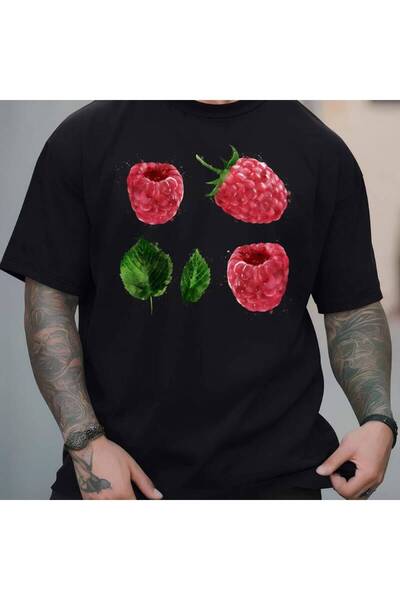 01THEONE Pure Cotton Black T - shirt: Berry Burst: Raspberry Delight Men's Tee
