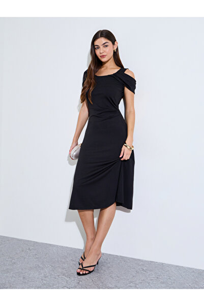 Styli Black Cold Shoulder Sleeves A-Line Midi Dress