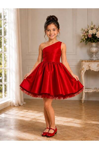 SUNEH Girl's Red One-Shoulder Bow Detailed Short Satin Dress