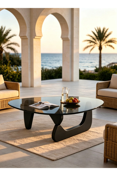 Generica Waterdrop shaped tempered glass coffee table with small-sized black ...