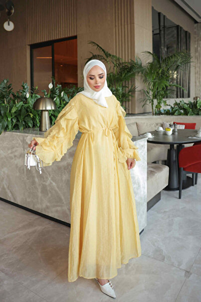 İmajButik Sarı Kol Katlı Bel Bağlamalı Elbise