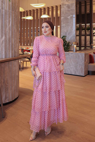 İmajButik Pembe Eteği Katlı Şifon Elbise