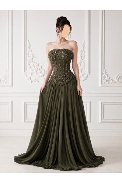 ranin Olive Evening Dress with Beaded Bodice and Pleated Chiffon Double Cloch...