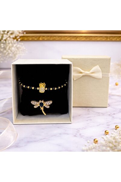 velve Set Martisor bratara reglabila cu coroana si brosa libelula aurie cu cr...