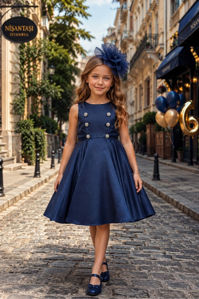Mialora Buttoned, Accessorized, Girls' Evening Dress, Birthday and Party Dress