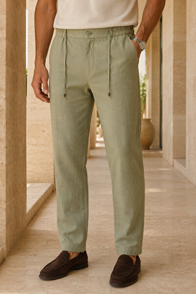 Polo State Men's Khaki Linen-Look Relaxed Fit Summer Trousers