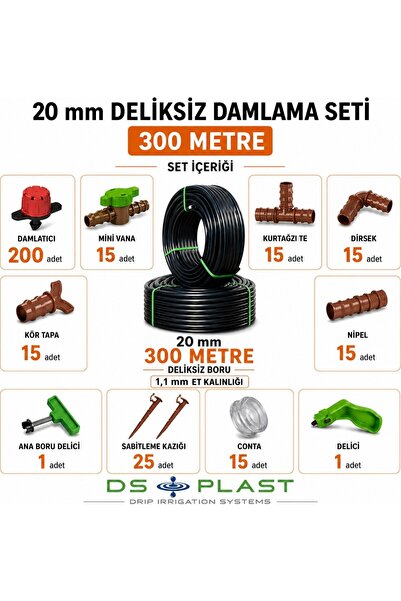 300 Metre 20 mm Deliksiz Damla Sulama Seti — 1,1 mm Et Kalınlığı