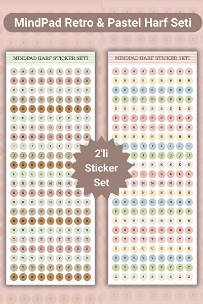 Mindpad 2'li Retro & Pastel Yuvarlak Harf Sticker Seti, Alfabe Çıkartması, Aj...