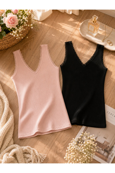 ROZELT Women's 2-Piece Lace Detailed Viscose Lycra Undershirt - V-Neck Ribbed...
