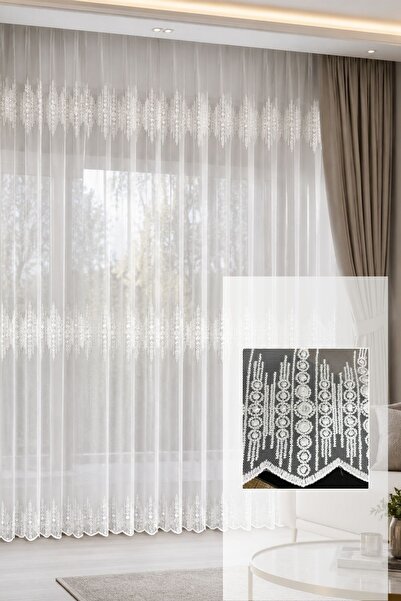 perlife Luxury Ecru Tulle Curtain with Greek Ground Pattern and Pearl Embroid...
