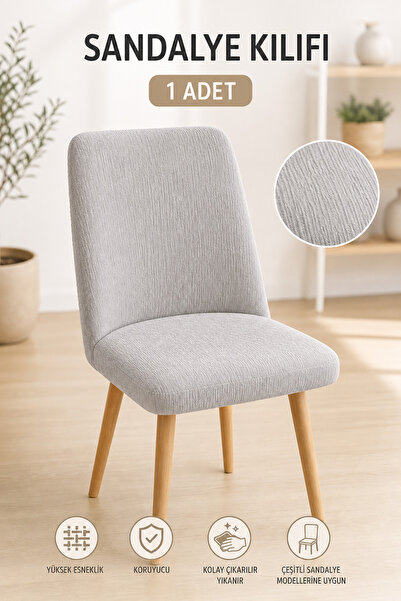 Softlife Jakarlı Oval Sandalye Kılıfı - Gri, Likralı Yıkanabilir Sandalye Ört...