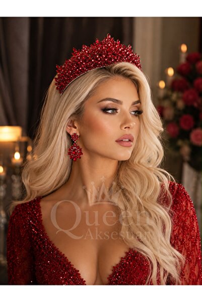 QUEEN AKSESUAR Βασιλική κορώνα THESA μπορντό κόκκινο με κρυστάλλινες πέτρες, ...