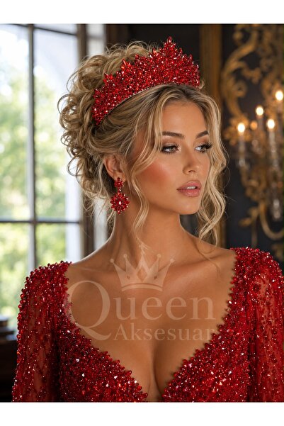 QUEEN AKSESUAR Royal Crown Thesa Ruby Red Crystal Stone Luxury Design Engagem...