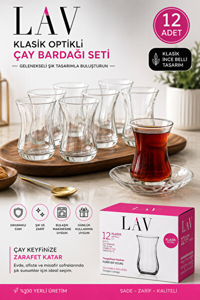 kumkumticaret Klasik Optikli Çay Bardağı Seti 12 Adet İnce Belli Cam Çay Bard...