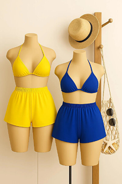 mtm My The Mall Clothing Women's Yellow and Blue Shorts Waist and Neck Tie Bi...