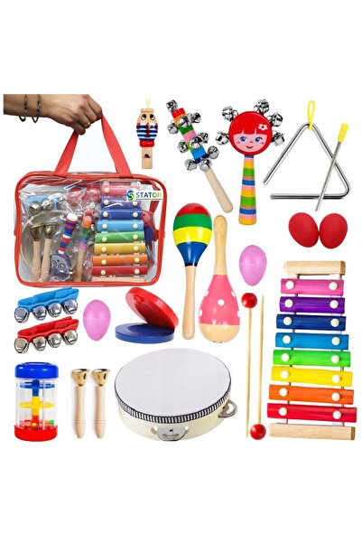 Stator Set muzical educativ Drewnian pentru copii, instrumente, cimbali + geantă