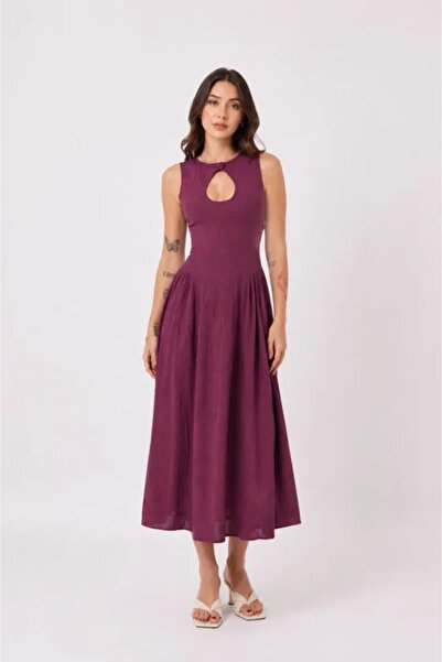 Wear Up Gabardine Fabric Sleeveless Drop Collar Button Detailed Midi Dress - ...
