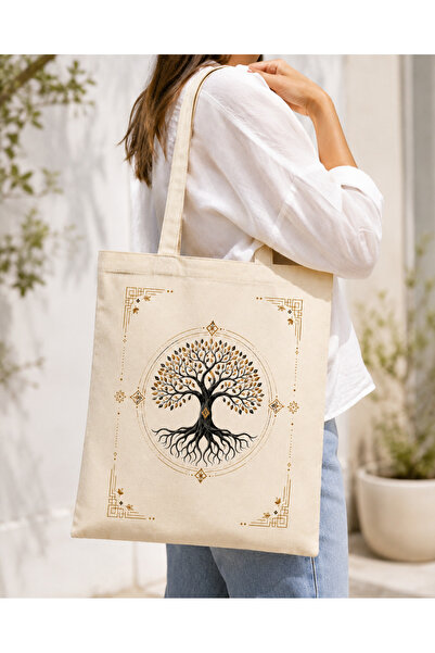 Tomris Hatun Tree of Life Themed Printed Raw Cloth Bag, Shoulder Bag, Shoppin...