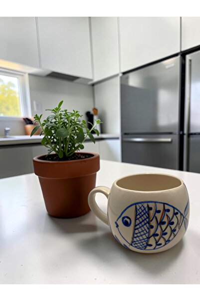 Home Mavi Balık Motifli Yuvarlak El Yapımı Seramik Kupa Bardak